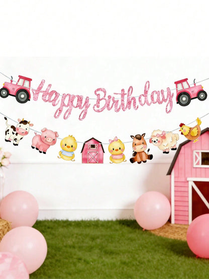 1 Set Farm Animal Theme Happy Birthday Banner, Birthday Party Pennant, 1st Birthday Party Background Decor, Girl Birthday Party Supplies, Baby Shower Party Hanging Decor, Newborn Party Wall Decor, Bir