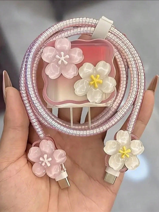 1 Set Gradient 3D Cherry Blossom Charger Protective Case, Anti-Bend Anti-Bite, Heat Dissipation Holes, Dust-Proof And Dirt-Resistant, Cherry Blossom Charger Head Protection Set, Compatible With Apple