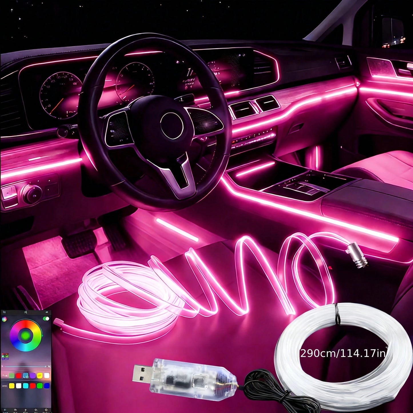 1 Set Of Car Ambient Lighting, 300cm/118inch Long Fiber Optic Cable, USB Interface, Mobile APP Music Rhythm Control, Car Interior LED Neon Light Accessories, Car LED Accessories, Gift.