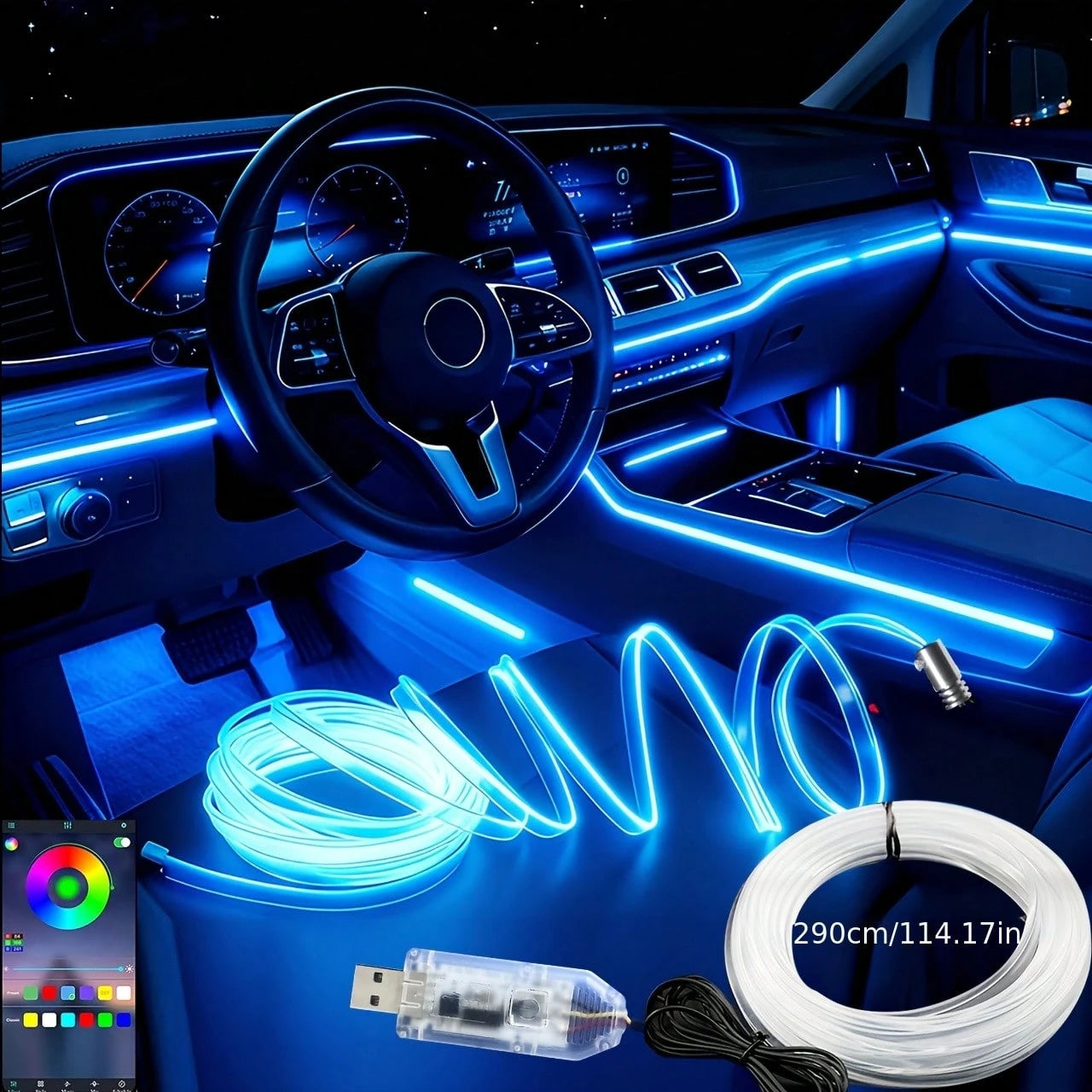 1 Set Of Car Ambient Lighting, 300cm/118inch Long Fiber Optic Cable, USB Interface, Mobile APP Music Rhythm Control, Car Interior LED Neon Light Accessories, Car LED Accessories, Gift.
