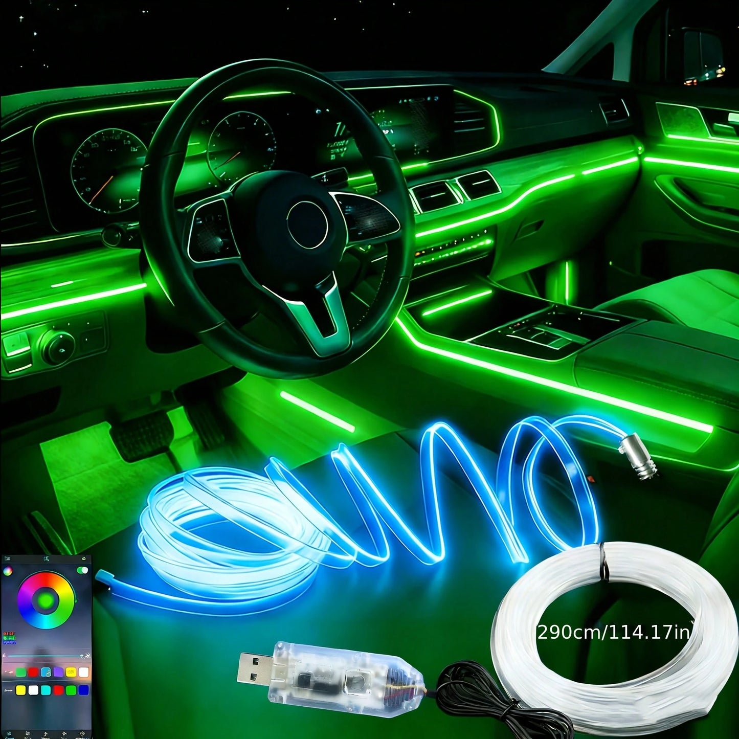 1 Set Of Car Ambient Lighting, 300cm/118inch Long Fiber Optic Cable, USB Interface, Mobile APP Music Rhythm Control, Car Interior LED Neon Light Accessories, Car LED Accessories, Gift.