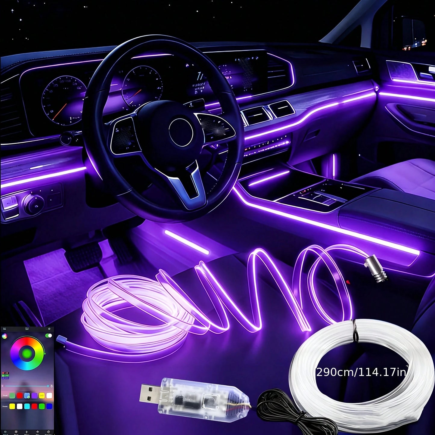 1 Set Of Car Ambient Lighting, 300cm/118inch Long Fiber Optic Cable, USB Interface, Mobile APP Music Rhythm Control, Car Interior LED Neon Light Accessories, Car LED Accessories, Gift.