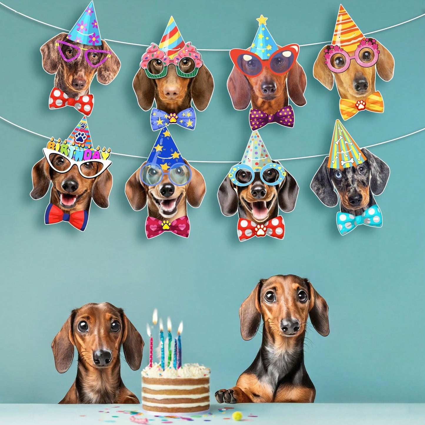 1 Set Paper Dachshund Birthday Banner Garland, Photo-Quality Dachshund Face Birthday Decoration, Fun Dachshund Birthday Party Banner For Dachshund Lovers, Party Banner Decoration