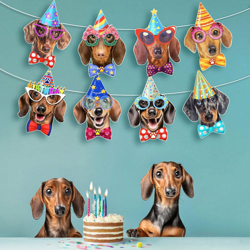 1 Set Paper Dachshund Birthday Banner Garland, Photo-Quality Dachshund Face Birthday Decoration, Fun Dachshund Birthday Party Banner For Dachshund Lovers, Party Banner Decoration