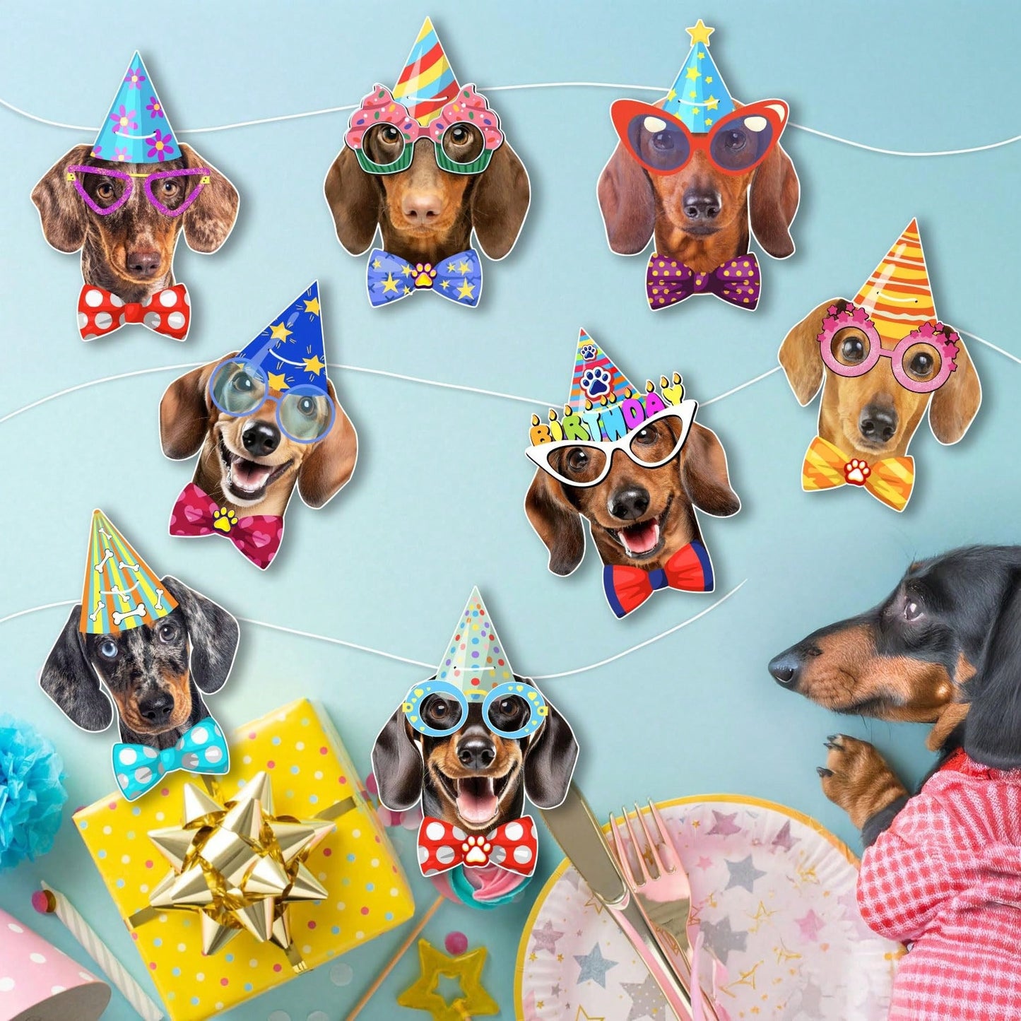 1 Set Paper Dachshund Birthday Banner Garland, Photo-Quality Dachshund Face Birthday Decoration, Fun Dachshund Birthday Party Banner For Dachshund Lovers, Party Banner Decoration
