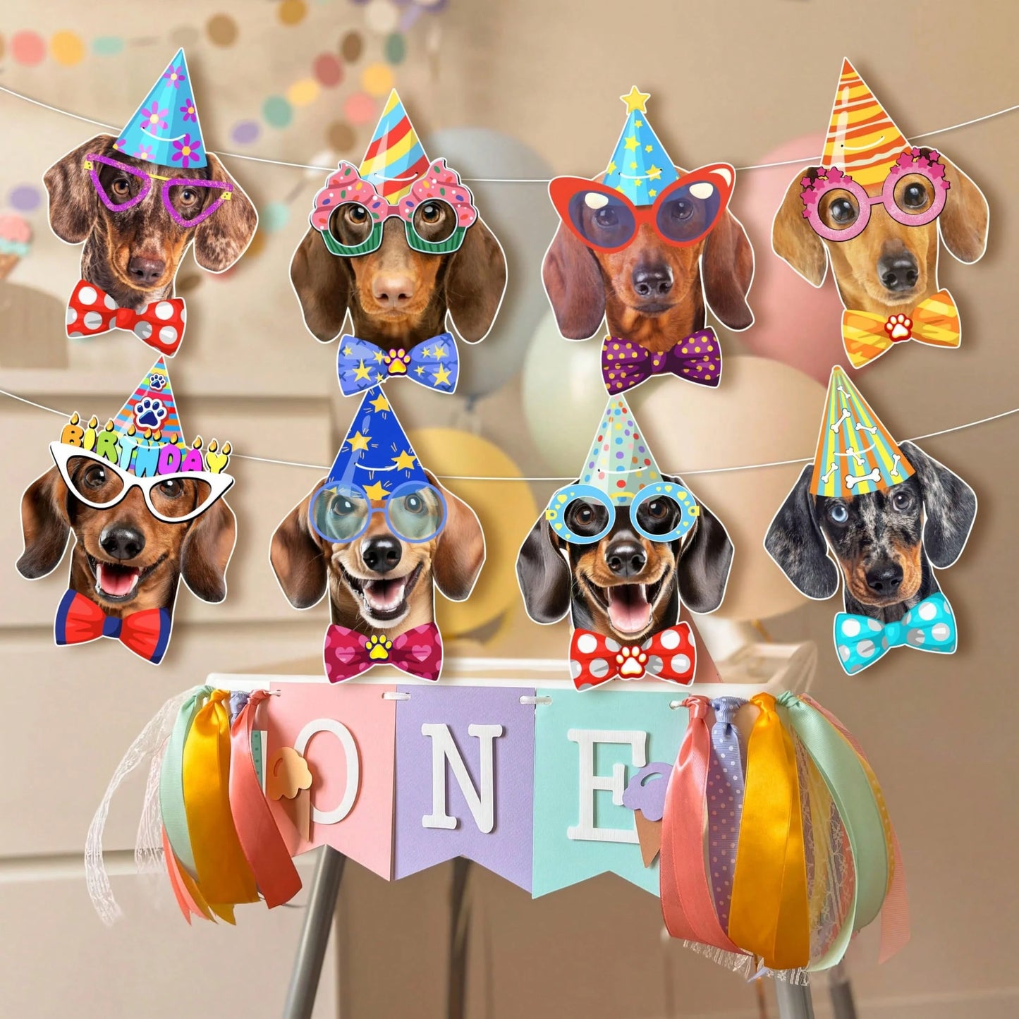 1 Set Paper Dachshund Birthday Banner Garland, Photo-Quality Dachshund Face Birthday Decoration, Fun Dachshund Birthday Party Banner For Dachshund Lovers, Party Banner Decoration