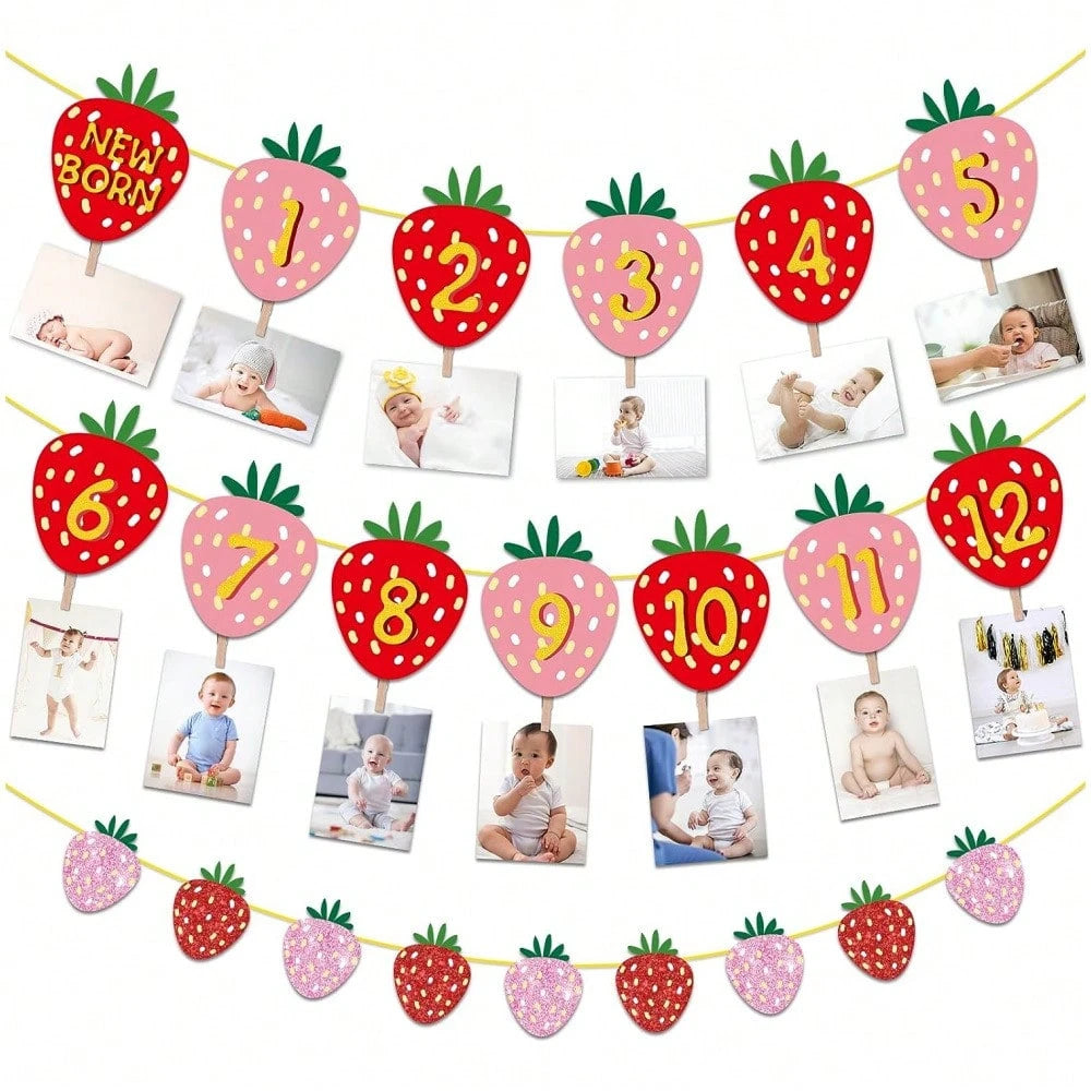 1 Set Paper Strawberry Theme Pull Flag Photo Frame Decor Banner, Fruit Birthday Party Decoration, Baby 1st Birthday Banner