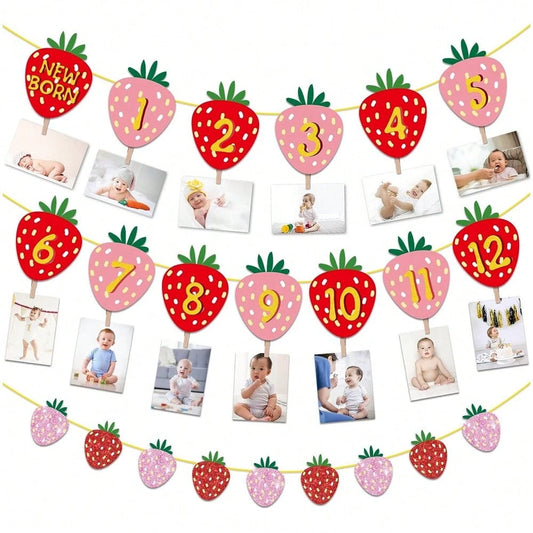 1 Set Paper Strawberry Theme Pull Flag Photo Frame Decor Banner, Fruit Birthday Party Decoration, Baby 1st Birthday Banner