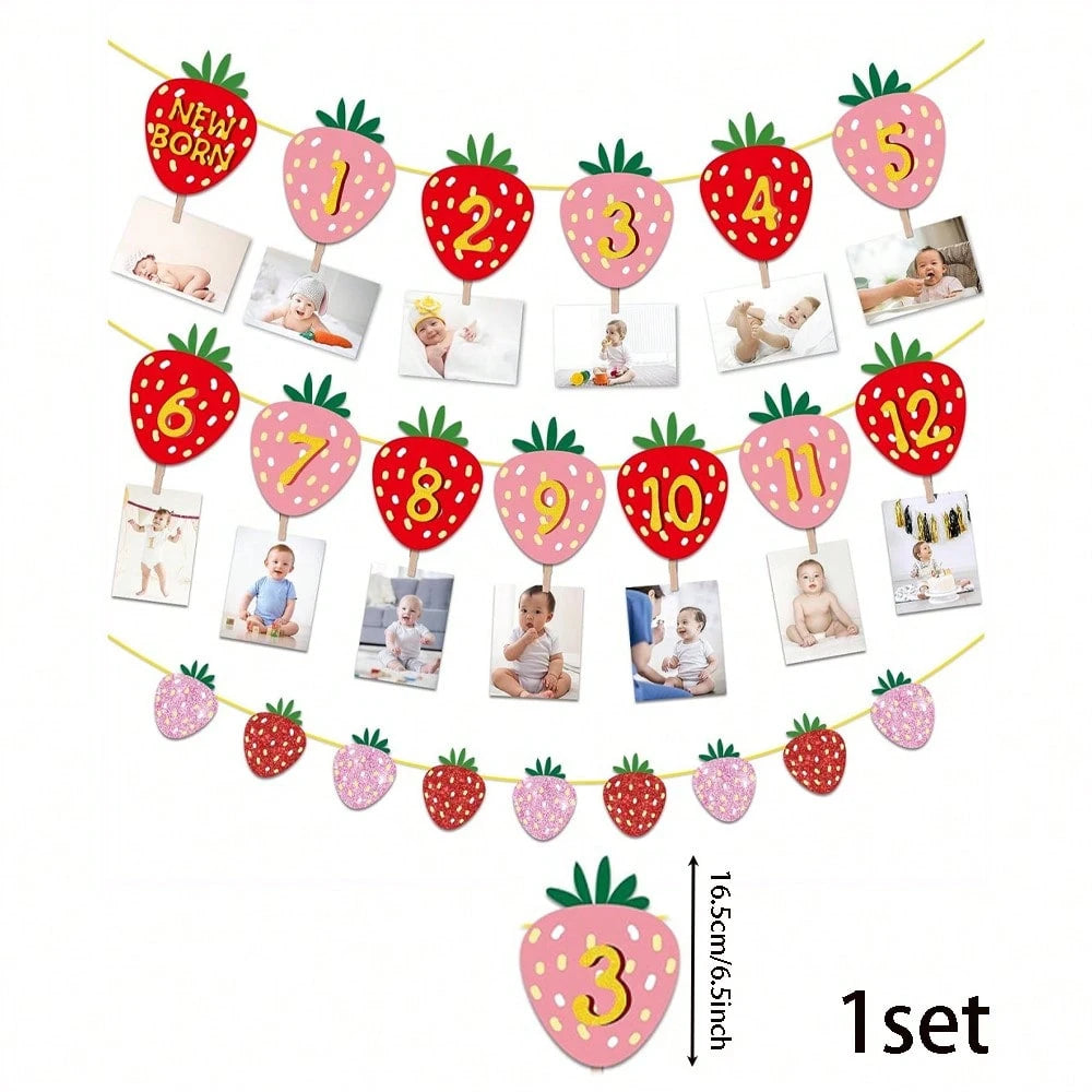 1 Set Paper Strawberry Theme Pull Flag Photo Frame Decor Banner, Fruit Birthday Party Decoration, Baby 1st Birthday Banner