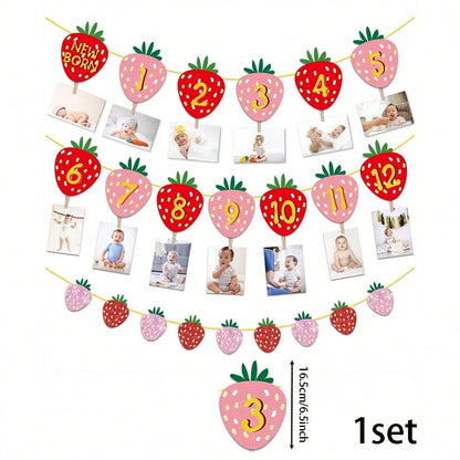 1 Set Paper Strawberry Theme Pull Flag Photo Frame Decor Banner, Fruit Birthday Party Decoration, Baby 1st Birthday Banner