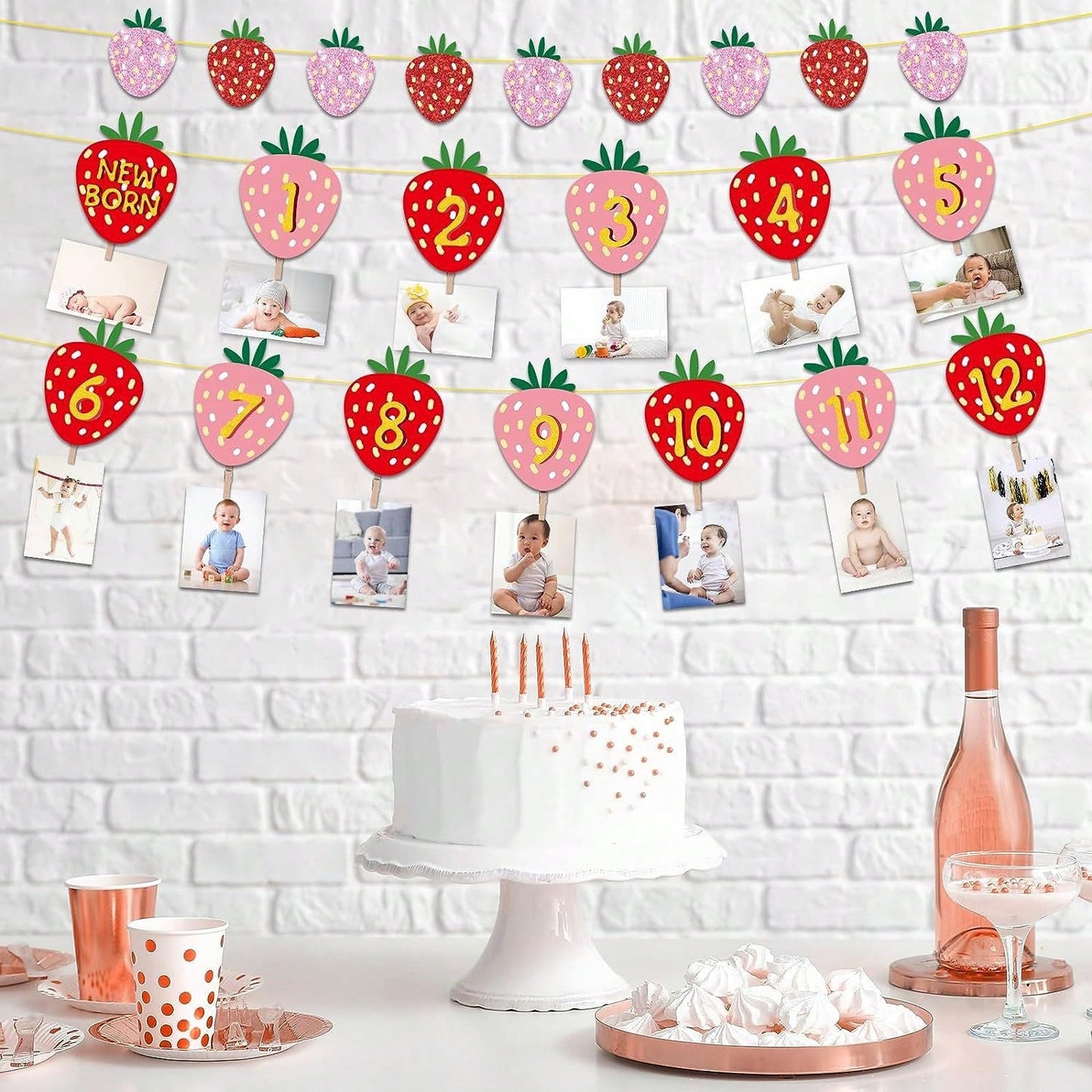 1 Set Paper Strawberry Theme Pull Flag Photo Frame Decor Banner, Fruit Birthday Party Decoration, Baby 1st Birthday Banner