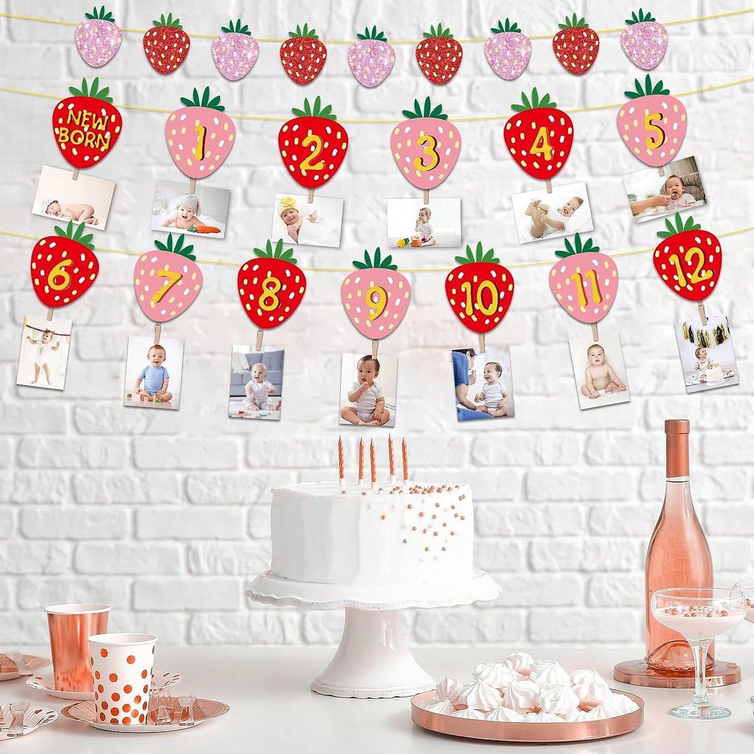 1 Set Paper Strawberry Theme Pull Flag Photo Frame Decor Banner, Fruit Birthday Party Decoration, Baby 1st Birthday Banner