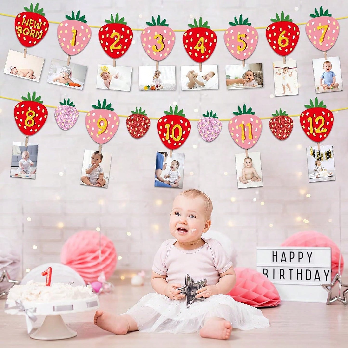1 Set Paper Strawberry Theme Pull Flag Photo Frame Decor Banner, Fruit Birthday Party Decoration, Baby 1st Birthday Banner