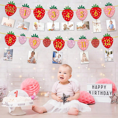 1 Set Paper Strawberry Theme Pull Flag Photo Frame Decor Banner, Fruit Birthday Party Decoration, Baby 1st Birthday Banner