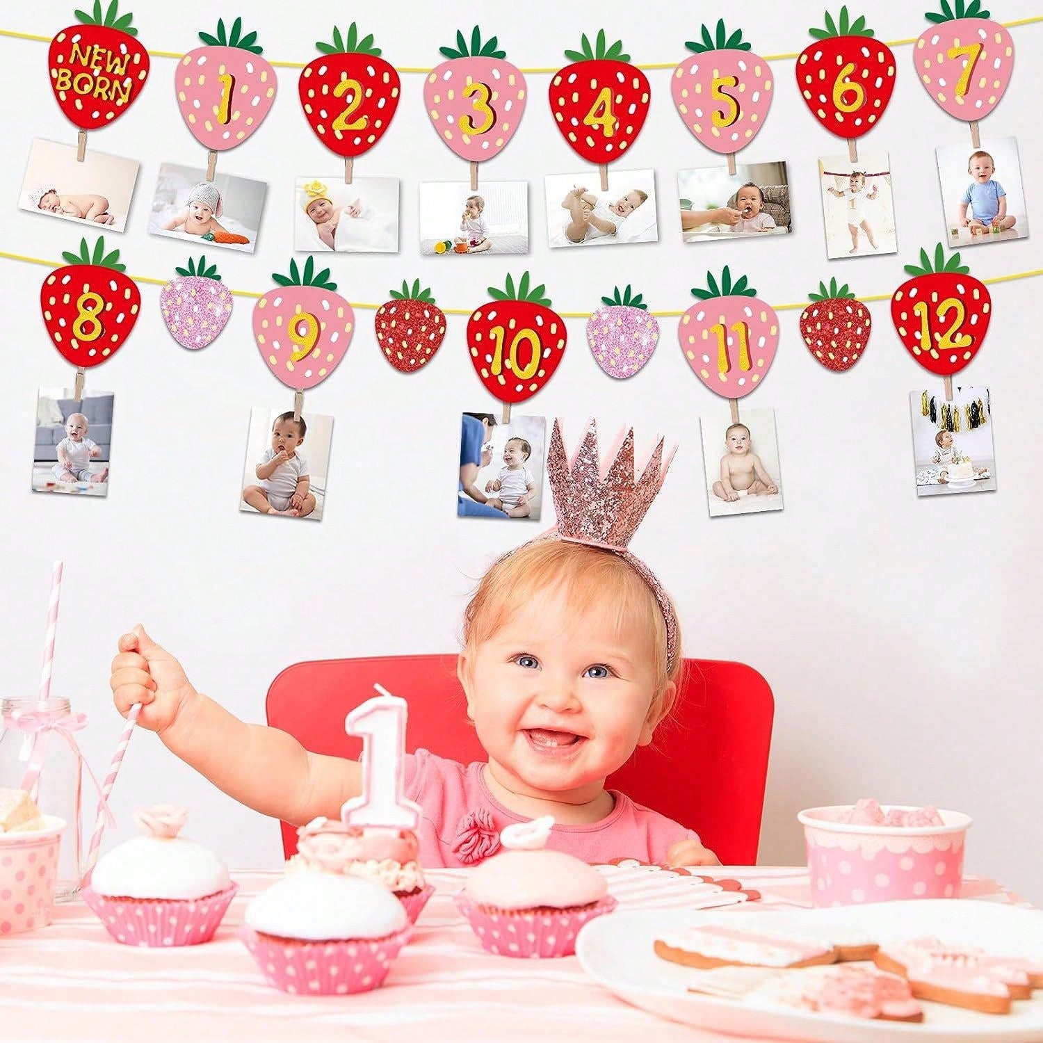 1 Set Paper Strawberry Theme Pull Flag Photo Frame Decor Banner, Fruit Birthday Party Decoration, Baby 1st Birthday Banner