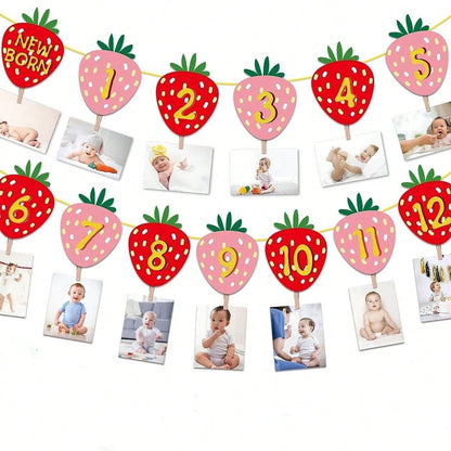 1 Set Paper Strawberry Theme Pull Flag Photo Frame Decor Banner, Fruit Birthday Party Decoration, Baby 1st Birthday Banner