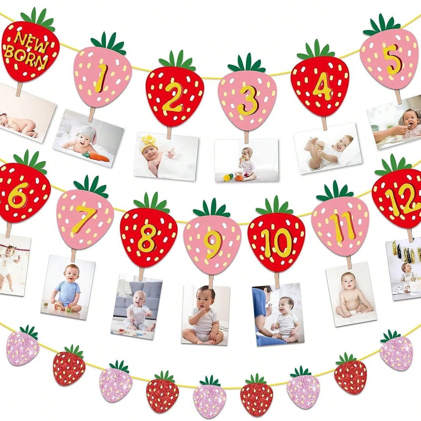 1 Set Paper Strawberry Theme Pull Flag Photo Frame Decor Banner, Fruit Birthday Party Decoration, Baby 1st Birthday Banner