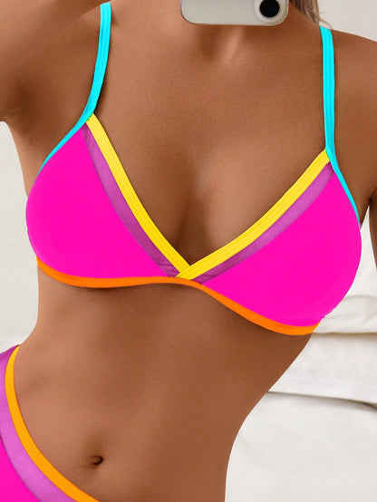 1 Set Women's Two Pieces Bikini Swimwear With Mesh Inset, Spaghetti Straps, V-Neck, Backless, Fashionable & Sexy Vacation Beach Summer