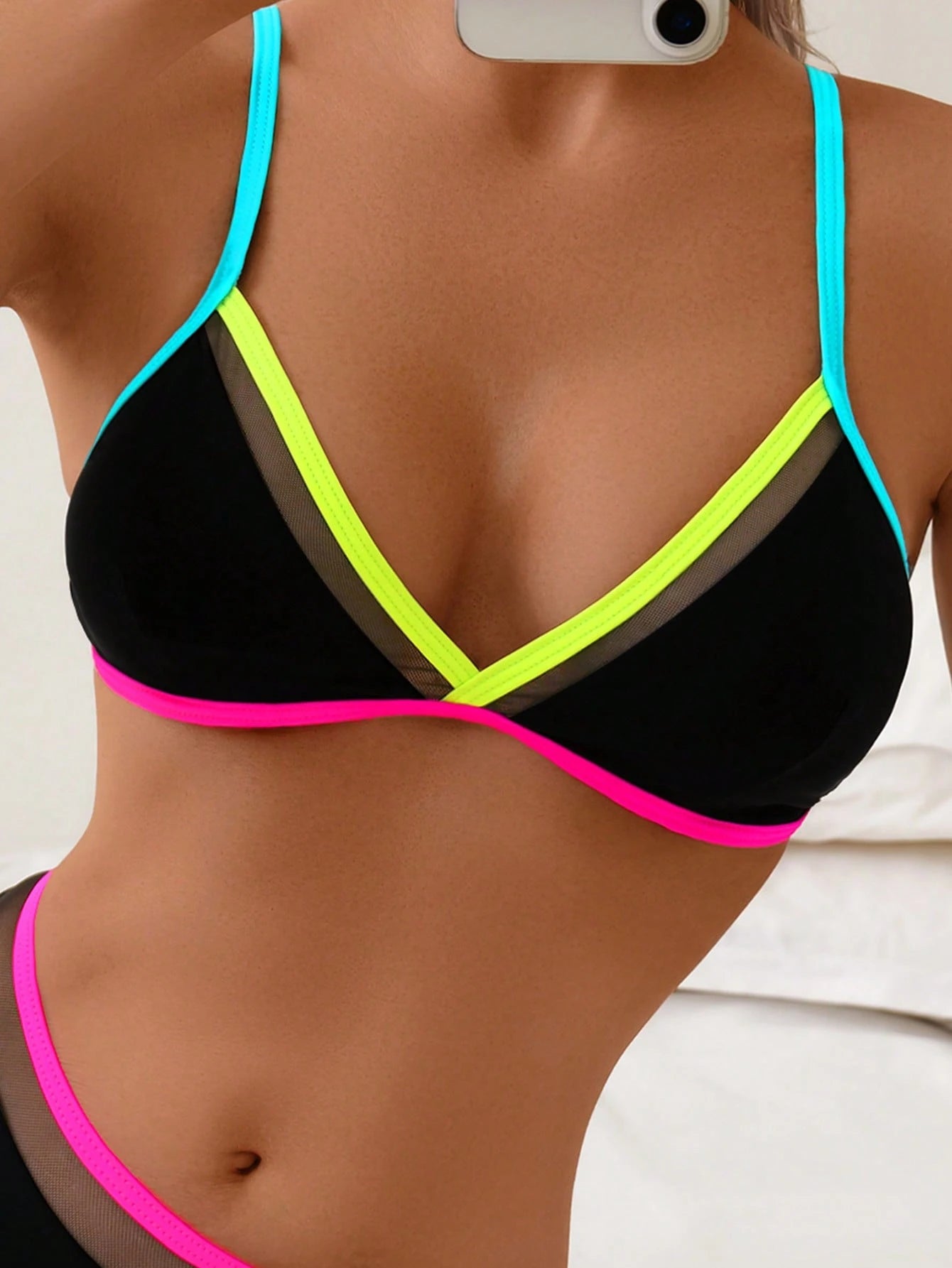 1 Set Women's Two Pieces Bikini Swimwear With Mesh Inset, Spaghetti Straps, V-Neck, Backless, Fashionable & Sexy Vacation Beach Summer