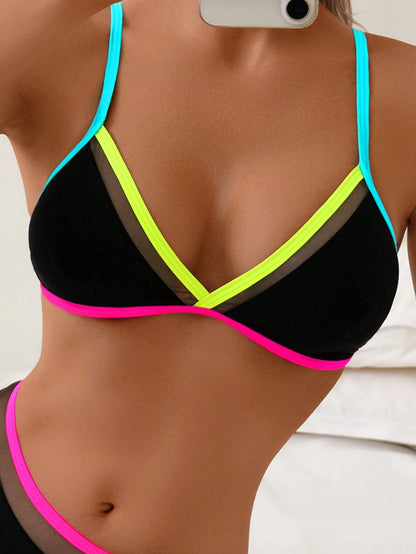 1 Set Women's Two Pieces Bikini Swimwear With Mesh Inset, Spaghetti Straps, V-Neck, Backless, Fashionable & Sexy Vacation Beach Summer