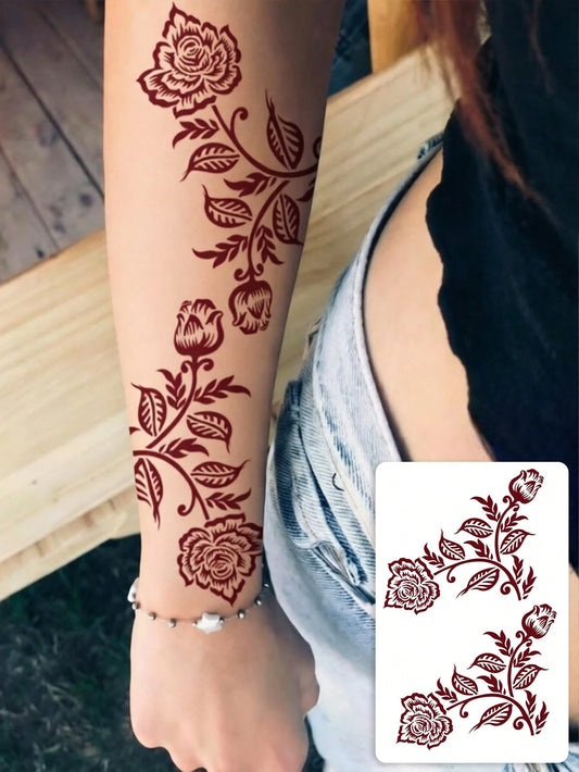 1 Sheet Burgundy Corner Rose Vine Henna Temporary Tattoo Sticker, Waterproof Long Lasting Fake Tattoo Lasts 2-3 Days, Body Art Decal For Forearm Calf Rib Shoulder