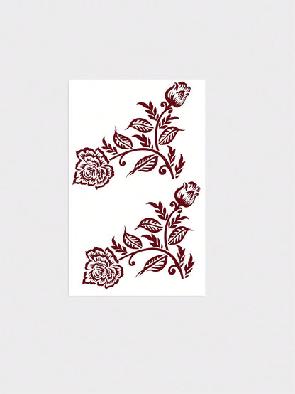 1 Sheet Burgundy Corner Rose Vine Henna Temporary Tattoo Sticker, Waterproof Long Lasting Fake Tattoo Lasts 2-3 Days, Body Art Decal For Forearm Calf Rib Shoulder