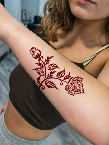 1 Sheet Burgundy Corner Rose Vine Henna Temporary Tattoo Sticker, Waterproof Long Lasting Fake Tattoo Lasts 2-3 Days, Body Art Decal For Forearm Calf Rib Shoulder
