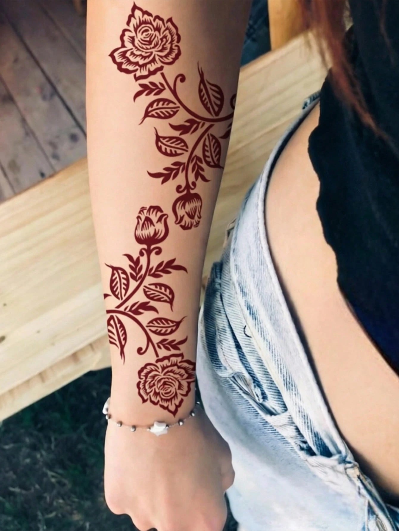 1 Sheet Burgundy Corner Rose Vine Henna Temporary Tattoo Sticker, Waterproof Long Lasting Fake Tattoo Lasts 2-3 Days, Body Art Decal For Forearm Calf Rib Shoulder
