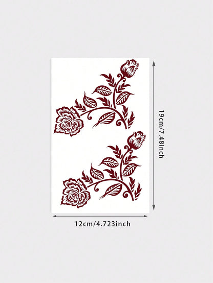 1 Sheet Burgundy Corner Rose Vine Henna Temporary Tattoo Sticker, Waterproof Long Lasting Fake Tattoo Lasts 2-3 Days, Body Art Decal For Forearm Calf Rib Shoulder