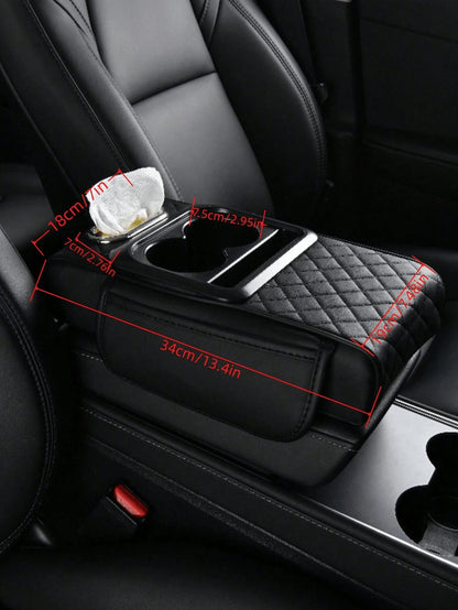 1 Universal Faux Leather Car Armrest Pad With Tissue Box, Coaster, And Storage Pocket- Functional 4-In-1 Comfortable And Durable Vehicle Center Console Cover,Car Armrest Storage Box, Wear-Resistant A