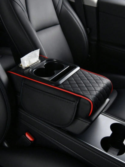 1 Universal Faux Leather Car Armrest Pad With Tissue Box, Coaster, And Storage Pocket- Functional 4-In-1 Comfortable And Durable Vehicle Center Console Cover,Car Armrest Storage Box, Wear-Resistant A