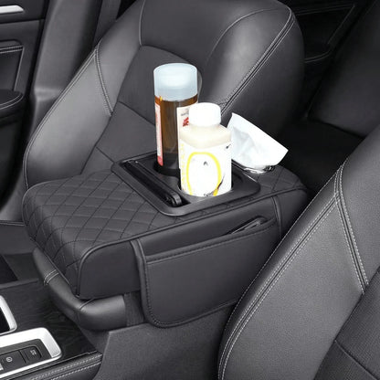 1 Universal Faux Leather Car Armrest Pad With Tissue Box, Coaster, And Storage Pocket- Functional 4-In-1 Comfortable And Durable Vehicle Center Console Cover,Car Armrest Storage Box, Wear-Resistant A