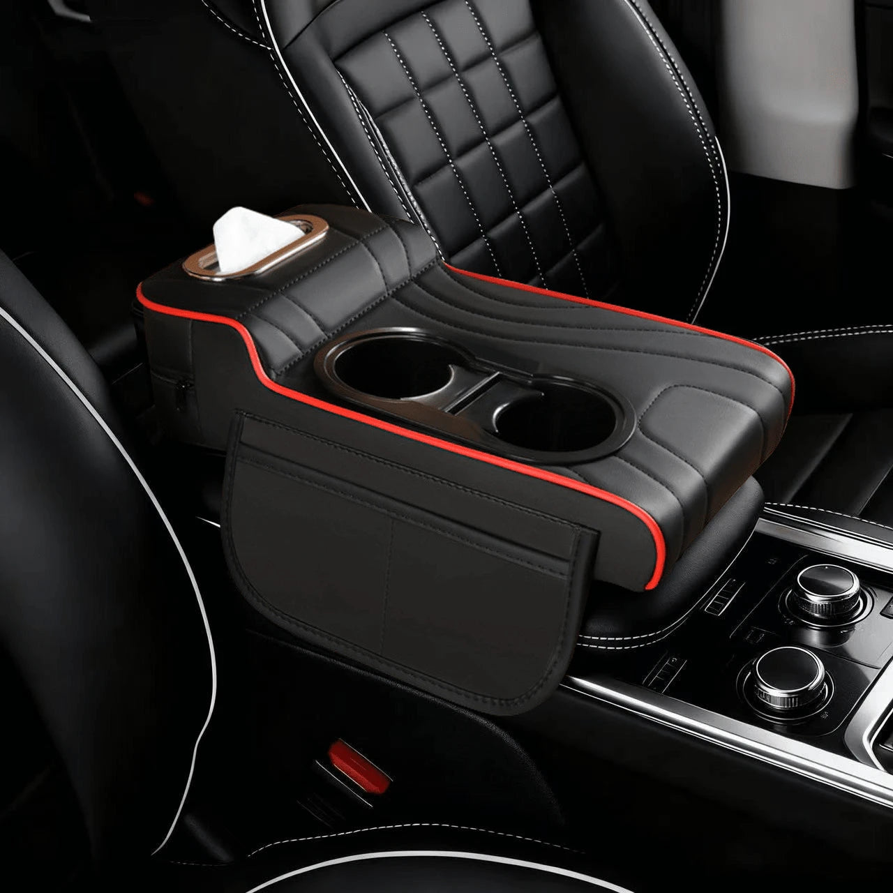 1 Universal Faux Leather Car Armrest Pad With Tissue Box, Coaster, And Storage Pocket- Functional 4-In-1 Comfortable And Durable Vehicle Center Console Cover,Car Armrest Storage Box, Wear-Resistant A