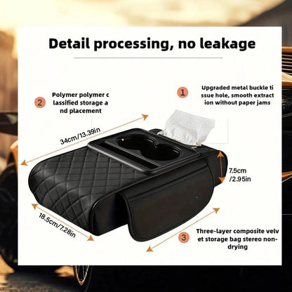 1 Universal Faux Leather Car Armrest Pad With Tissue Box, Coaster, And Storage Pocket- Functional 4-In-1 Comfortable And Durable Vehicle Center Console Cover,Car Armrest Storage Box, Wear-Resistant A