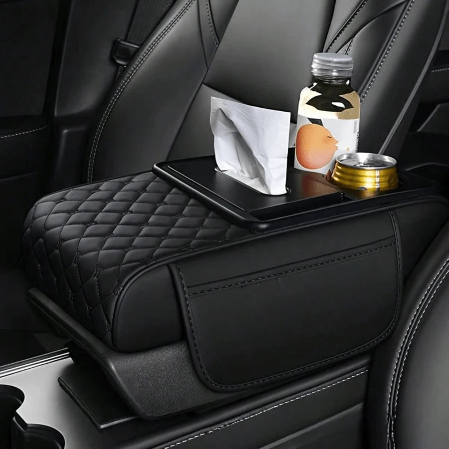 1 Universal Faux Leather Car Armrest Pad With Tissue Box, Coaster, And Storage Pocket- Functional 4-In-1 Comfortable And Durable Vehicle Center Console Cover,Car Armrest Storage Box, Wear-Resistant A