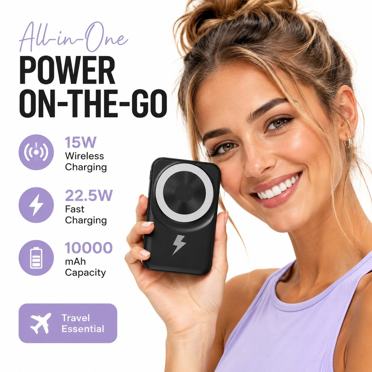 10000mAh Foldable Stand Magnetic Wireless Charger, Dual Built-In Cables 15W Fast Magnetic Charging 22.5W Wired Fast Charging LED Display, Travel Essentials Camping Essentials College Essentials Back T