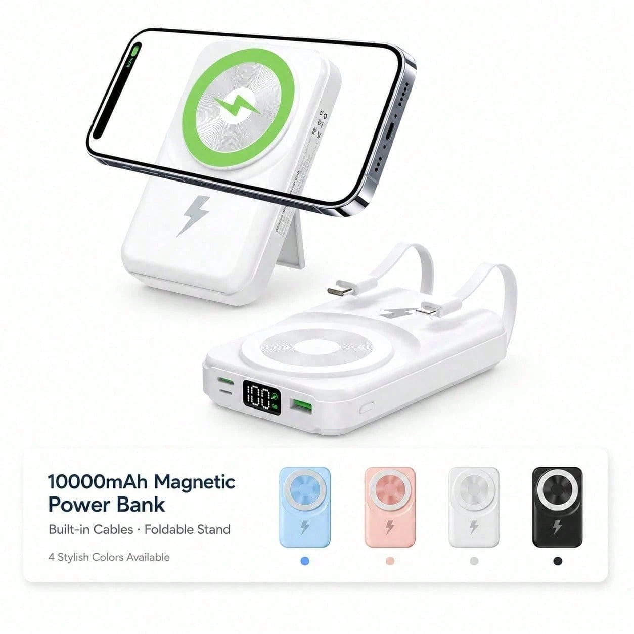 10000mAh Foldable Stand Magnetic Wireless Charger, Dual Built-In Cables 15W Fast Magnetic Charging 22.5W Wired Fast Charging LED Display, Travel Essentials Camping Essentials College Essentials Back T