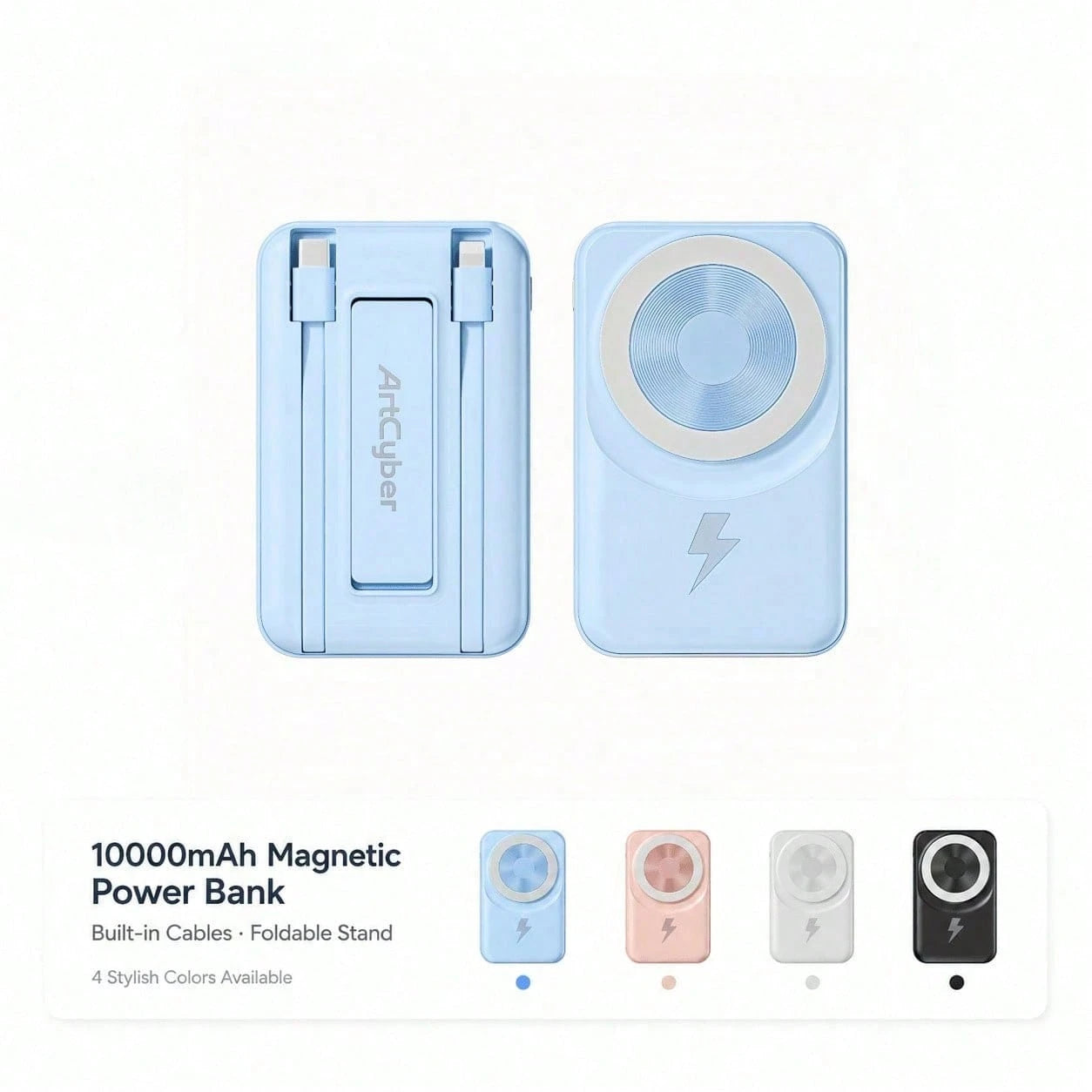 10000mAh Foldable Stand Magnetic Wireless Charger, Dual Built-In Cables 15W Fast Magnetic Charging 22.5W Wired Fast Charging LED Display, Travel Essentials Camping Essentials College Essentials Back T