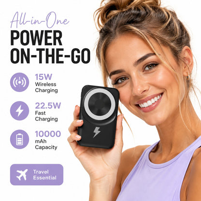 10000mAh Foldable Stand Magnetic Wireless Charger, Dual Built-In Cables 15W Fast Magnetic Charging 22.5W Wired Fast Charging LED Display, Travel Essentials Camping Essentials College Essentials Back T