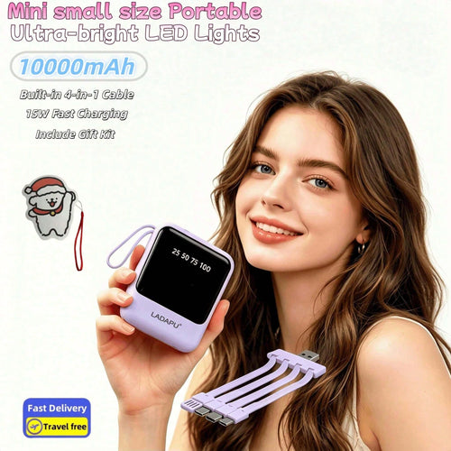 10000mAh Mini Cute Pocket Size 15W Super Fast Charging Portable Power Bank, Small Size Large Capacity High Appearance, Built-In 4-In1- Detachable Cables, High-Speed Rechargeable Battery, USB-C & Micro
