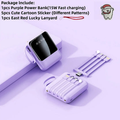 10000mAh Mini Cute Pocket Size 15W Super Fast Charging Portable Power Bank, Small Size Large Capacity High Appearance, Built-In 4-In1- Detachable Cables, High-Speed Rechargeable Battery, USB-C & Micro