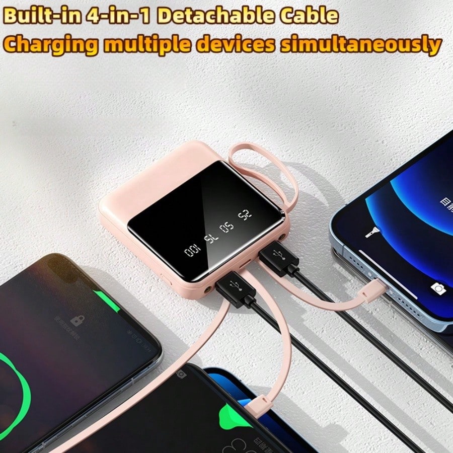 10000mAh Mini Cute Pocket Size 15W Super Fast Charging Portable Power Bank, Small Size Large Capacity High Appearance, Built-In 4-In1- Detachable Cables, High-Speed Rechargeable Battery, USB-C & Micro