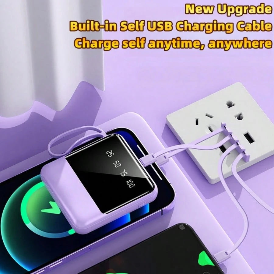 10000mAh Mini Cute Pocket Size 15W Super Fast Charging Portable Power Bank, Small Size Large Capacity High Appearance, Built-In 4-In1- Detachable Cables, High-Speed Rechargeable Battery, USB-C & Micro