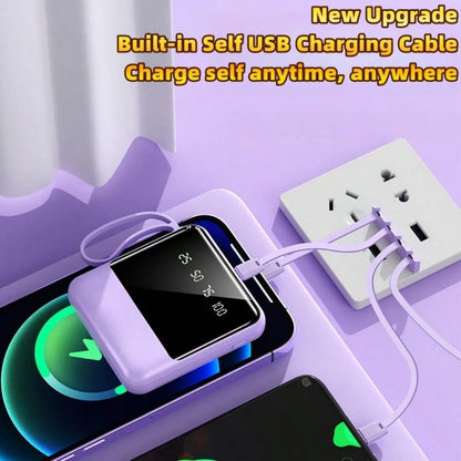 10000mAh Mini Cute Pocket Size 15W Super Fast Charging Portable Power Bank, Small Size Large Capacity High Appearance, Built-In 4-In1- Detachable Cables, High-Speed Rechargeable Battery, USB-C & Micro