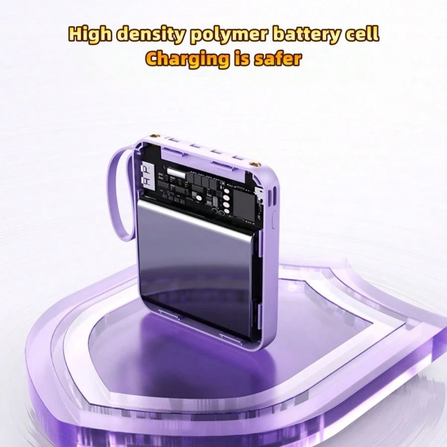10000mAh Mini Cute Pocket Size 15W Super Fast Charging Portable Power Bank, Small Size Large Capacity High Appearance, Built-In 4-In1- Detachable Cables, High-Speed Rechargeable Battery, USB-C & Micro