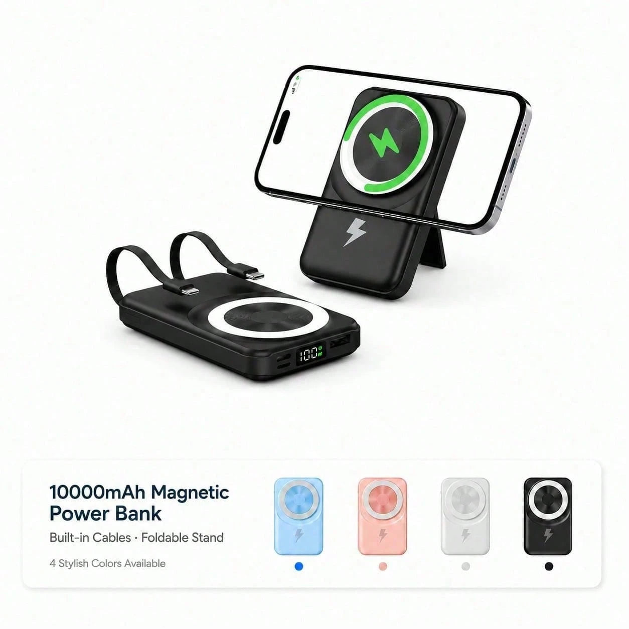 10000mAh Portable MagSafe Battery Charger With Foldable Stand, Built-In Lightning & USB C Cables 15W Wireless Charging 22.5W Fast Charging, Travel Essentials Camping Gear School Essentials Back To Sch