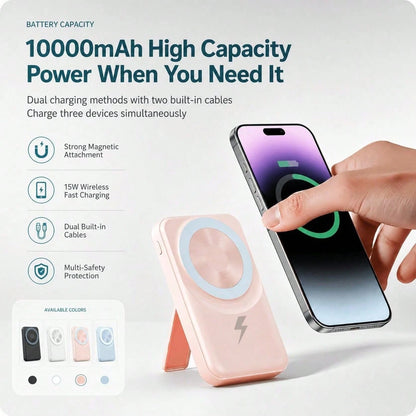 10000mAh Portable MagSafe Battery Charger With Foldable Stand, Built-In Lightning & USB C Cables 15W Wireless Charging 22.5W Fast Charging, Travel Essentials Camping Gear School Essentials Back To Sch