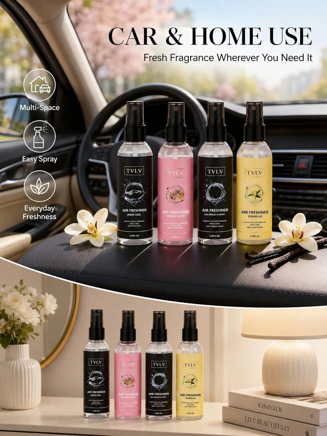 100ml Jasmine & Sea Breeze Air Freshener Spray, Long-Lasting Car Fragrance Deodorizer, Alcohol-Free Body & Hair Mist, Cute Car Accessory For Women, Bedroom Bathroom Office RV Camping Car Decor Fragran