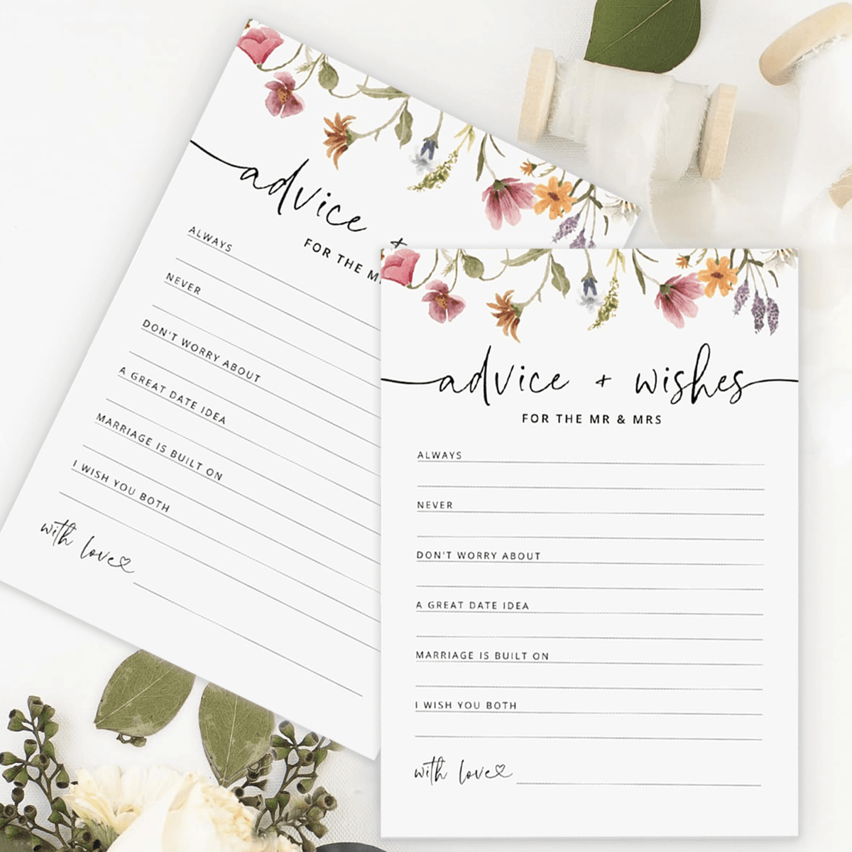100Pcs/50Pcs Advice And Wishes For The Mr And Mrs, Floral Wedding Advice Cards, Wildflower Bridal Shower Games For Bride