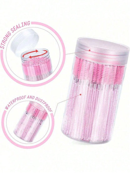 100PCS Crystal Pink Eyelash Brushes, Mascara Wands With Container, Bendable Eyebrow Spoolies, Lash Brush For Lash Extensions, Eyebrow Spoolie, Castor Oil Brushes